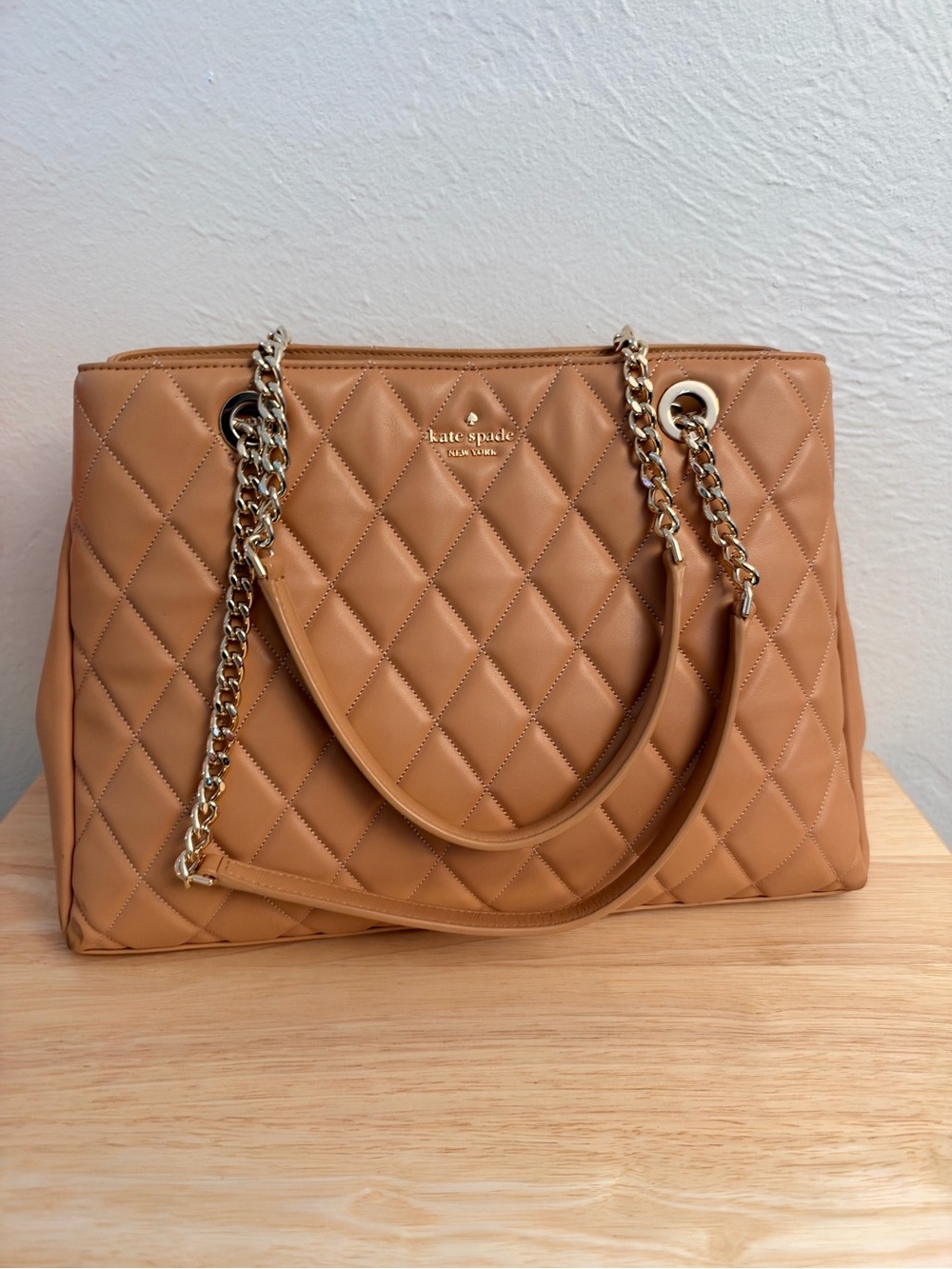 kate spade Quilted Tan Leather Shoulder Bag with Gold Chain Straps
